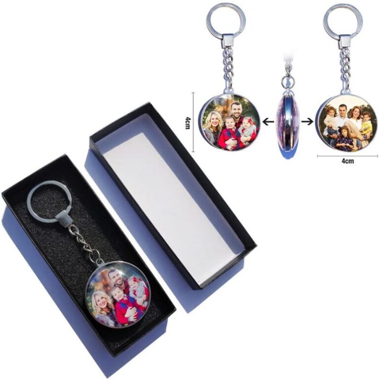 dimensions et packaging du Porte clé personnalisé photo recto verso