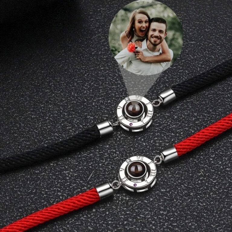 Bracelet argent avec photo pour couple rouge et noir